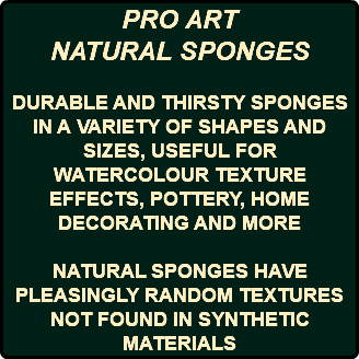 PRO ART NATURAL SPONGES DURABLE AND THIRSTY SPONGES IN A VARIETY OF SHAPES AND SIZES, USEFUL FOR WATERCOLOUR TEXTURE EFFECTS, POTTERY, HOME DECORATING AND MORE NATURAL SPONGES HAVE PLEASINGLY RANDOM TEXTURES NOT FOUND IN SYNTHETIC MATERIALS