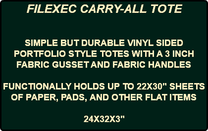 FILEXEC CARRY-ALL TOTE SIMPLE BUT DURABLE VINYL SIDED PORTFOLIO STYLE TOTES WITH A 3 INCH FABRIC GUSSET AND FABRIC HANDLES FUNCTIONALLY HOLDS UP TO 22X30" SHEETS OF PAPER, PADS, AND OTHER FLAT ITEMS 24X32X3" 